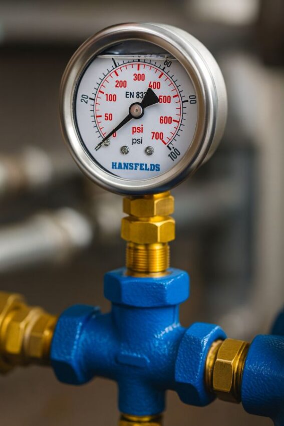 Liquid filled 0 to 100 psi pressure gauge with stainless case reading 60 psi on a pump manifold, 2.5 inch dial and 1/4 inch NPT lower mount