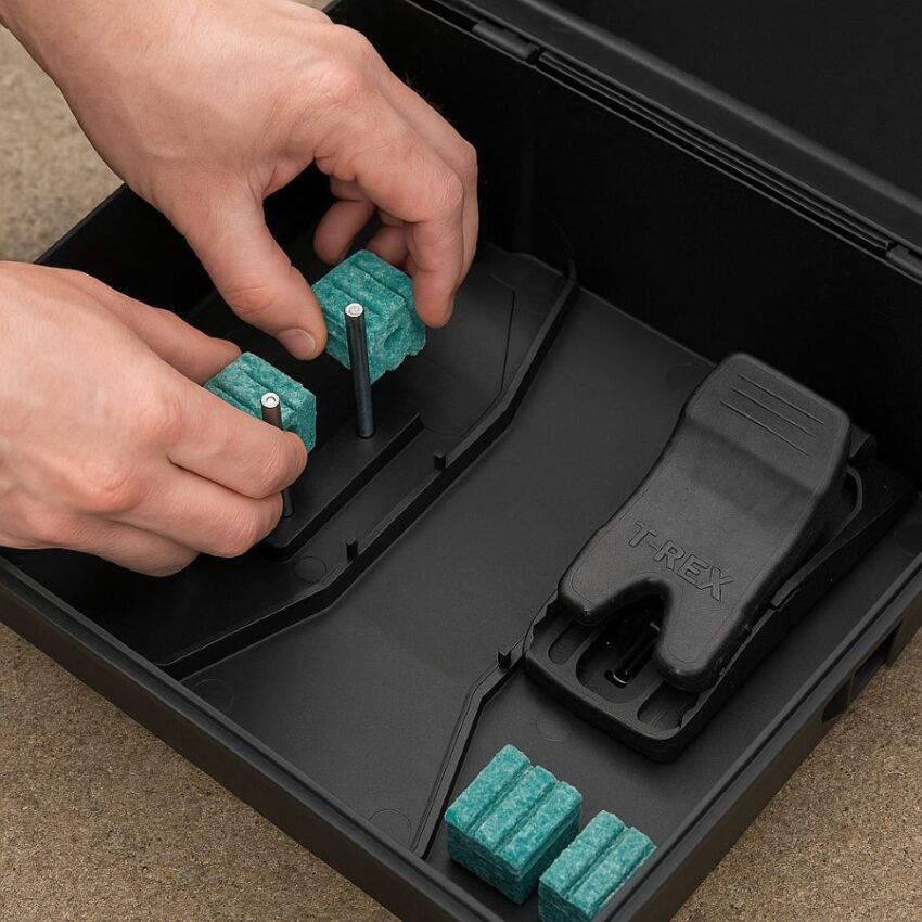 Loading one-ounce bait blocks on vertical rods and placing a T-Rex trap inside the station.