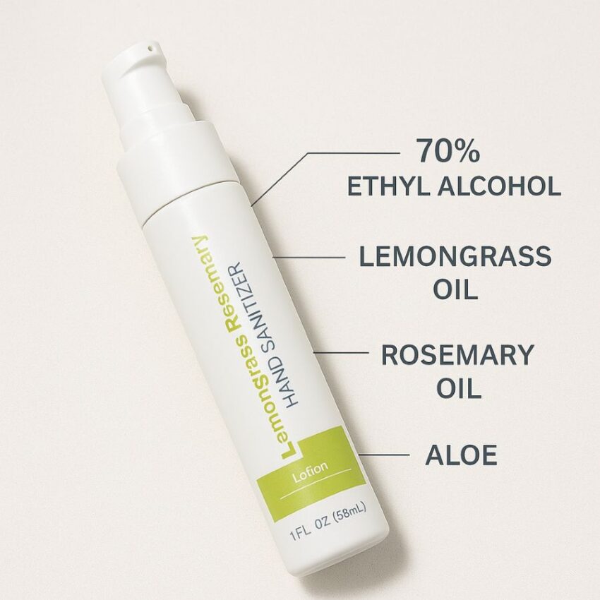 Lotion hand sanitizer bottle with labels highlighting 70 percent ethyl alcohol plus lemongrass, rosemary, aloe, and green tea