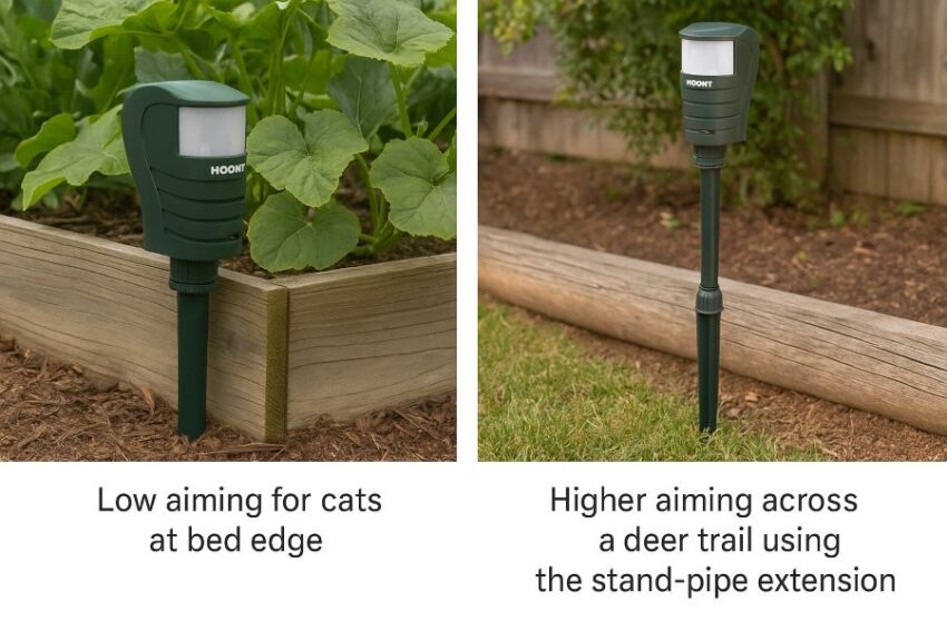 Low aiming for cats at bed edge and higher aiming across a deer trail using the stand-pipe extension