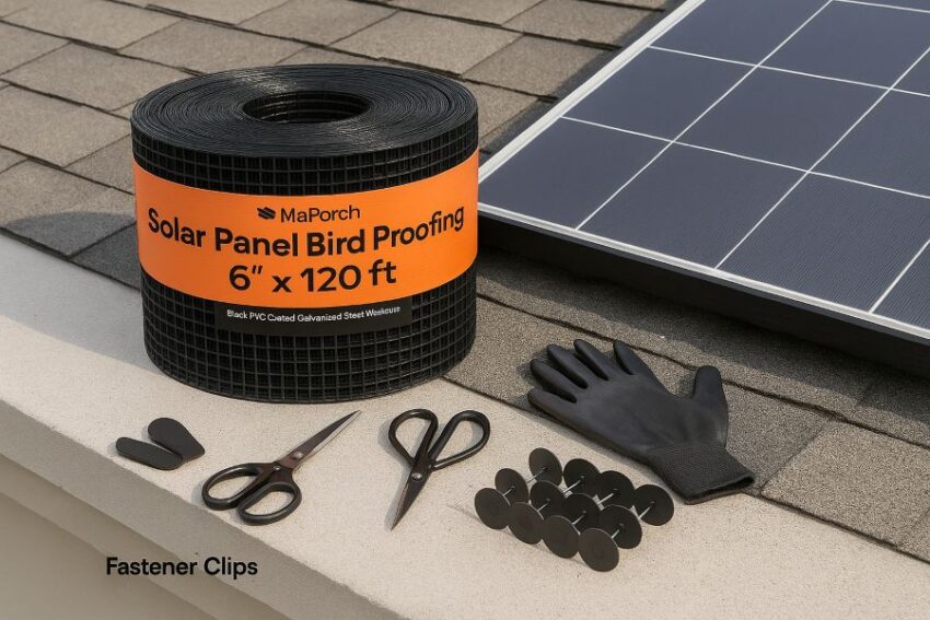 MaPorch 6×120 ft solar panel bird proofing mesh with 60 clips, scissors, and gloves beside a roof-edge panel.