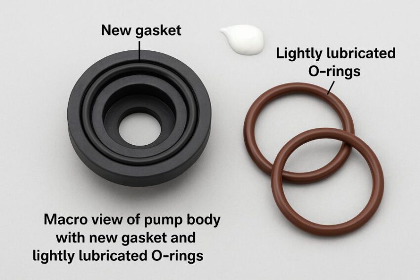 Macro view of pump body with new gasket and lightly lubricated O-rings ready for installation