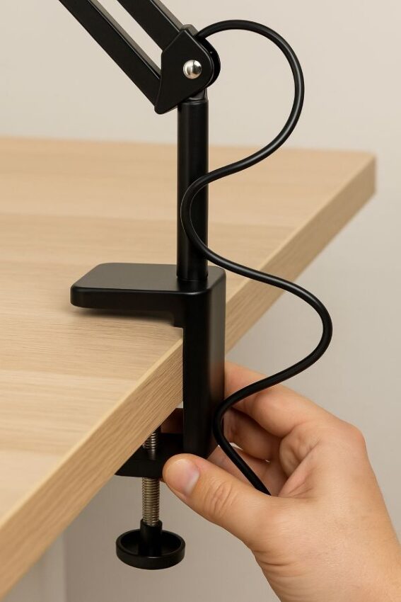 Magnifier arm seated in clamp with a slack service loop in the power cable.