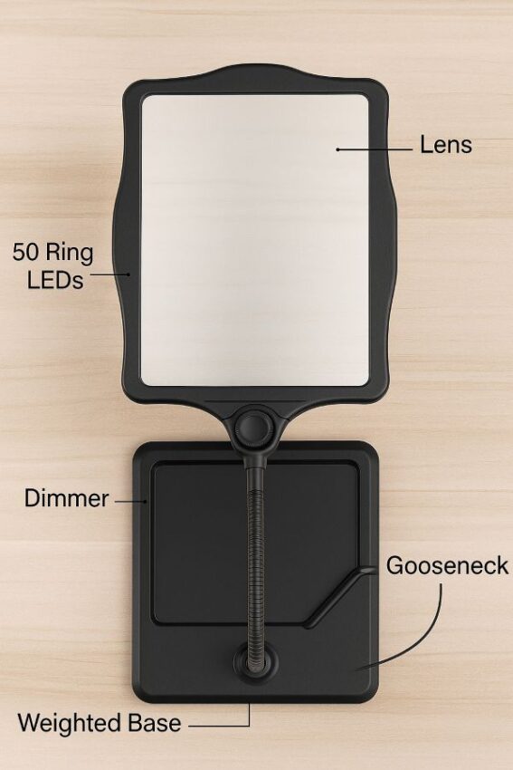 Magnifying desk lamp with labeled parts; lens, ring LEDs, dimmer, base, gooseneck