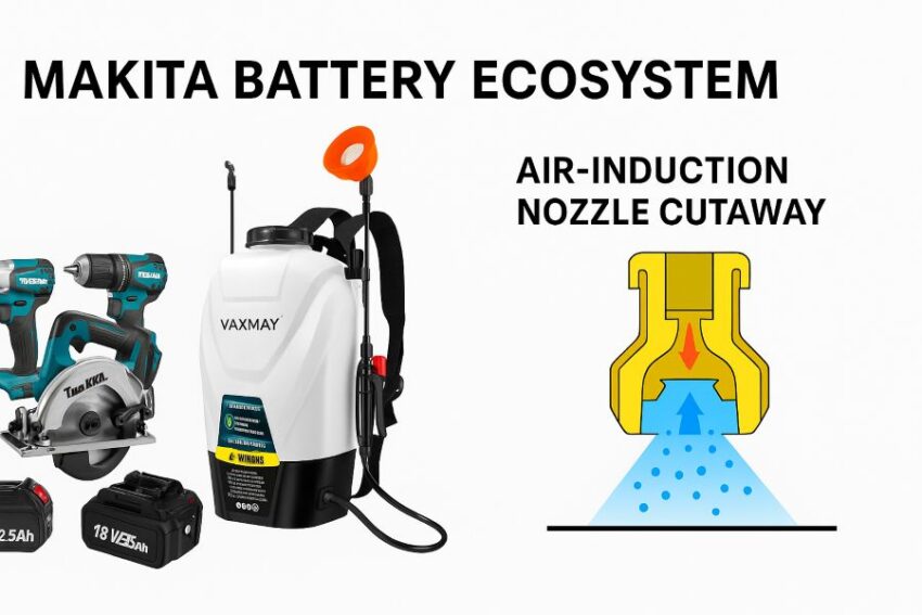 Makita battery ecosystem with sprayer and an air-induction nozzle cutaway