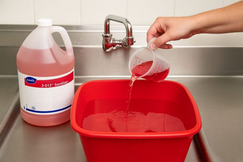 Manual dilution of J-512 at 1 ounce per 4 gallons for food-contact sanitizing