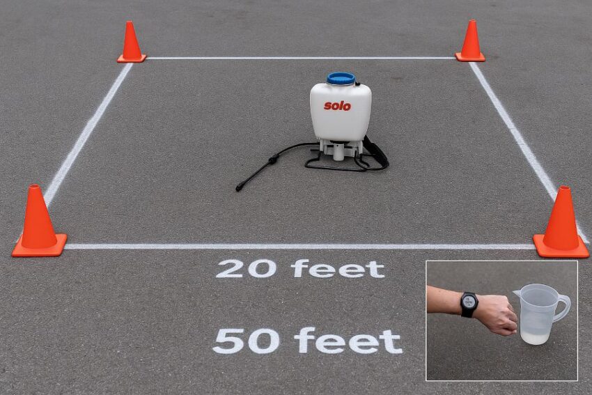 Marked 20 by 50 foot calibration plot with Solo backpack sprayer and measuring container