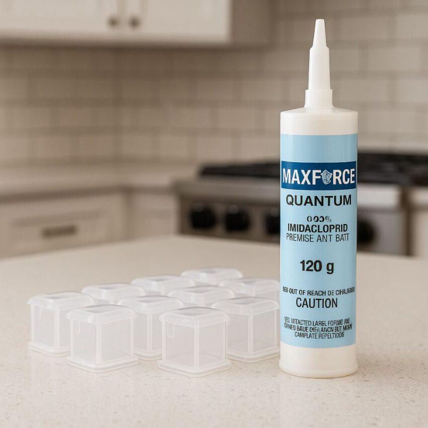 Maxforce Quantum 120 g liquid ant bait with ten refillable stations on a kitchen counter