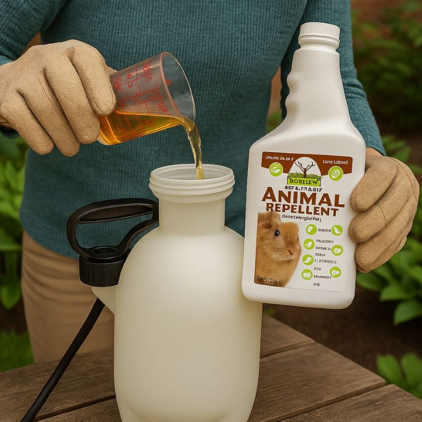 Measuring Bobbex-R concentrate into a garden sprayer, 14 ounces per gallon in growth season.