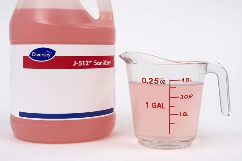 Measuring J-512 sanitizer at 0.25 ounce per gallon, the 1 to 512 label rate