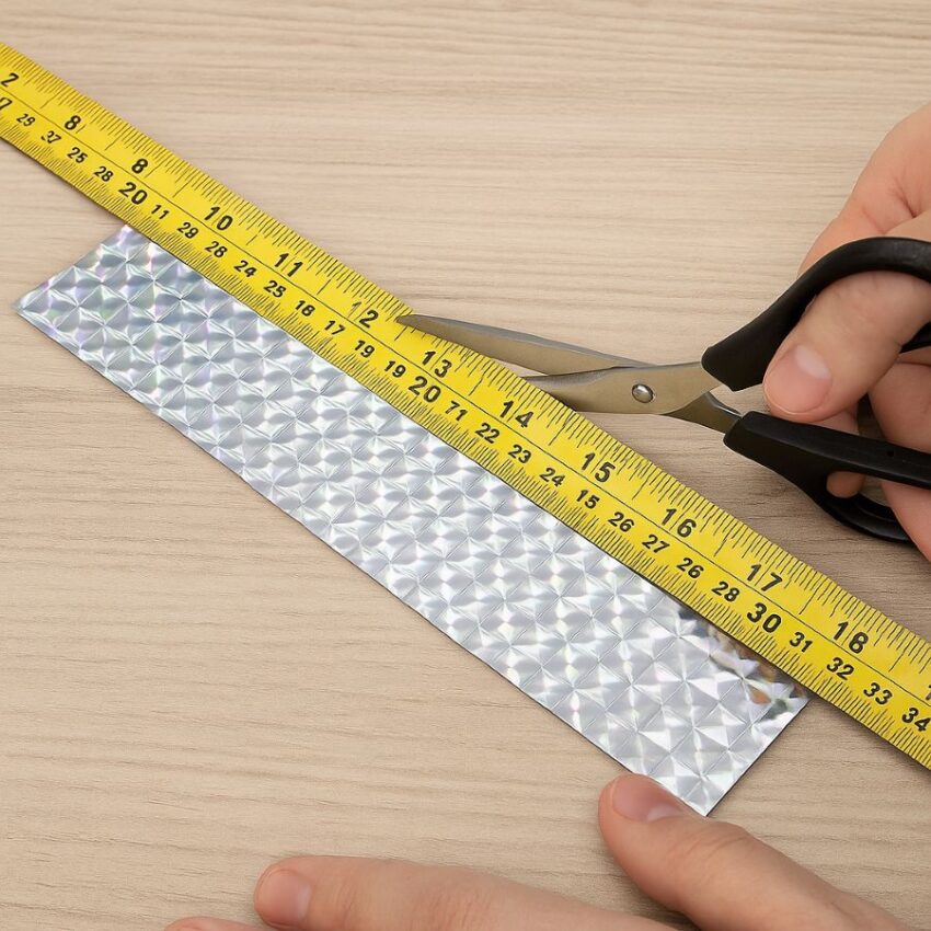 Measuring and cutting 2 to 3 foot lengths of reflective bird tape