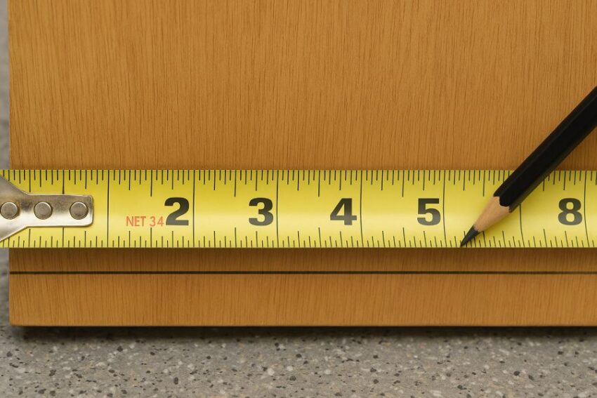 Measuring net door width and marking the mortise centerline along the door bottom