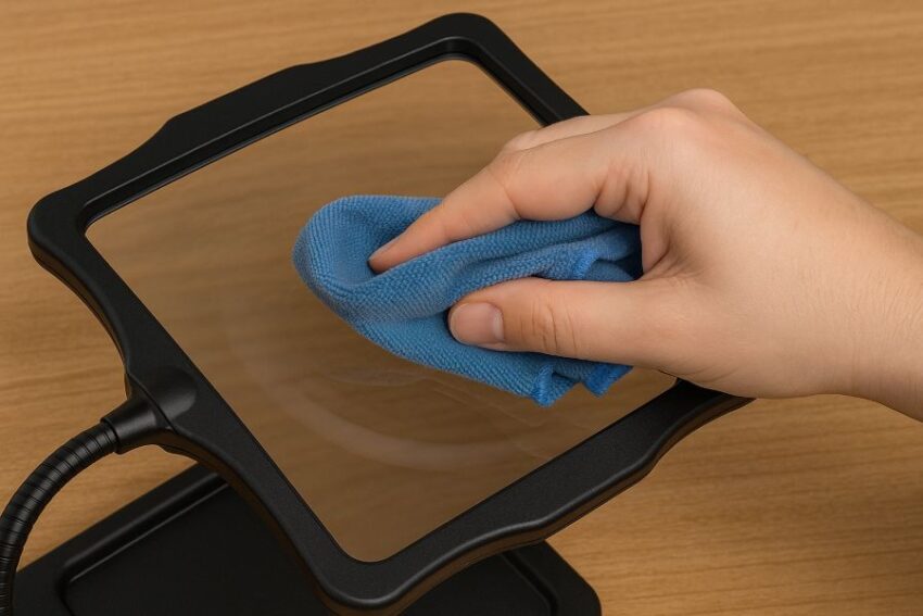 Microfiber cloth with mild soapy water cleaning an acrylic magnifier lens
