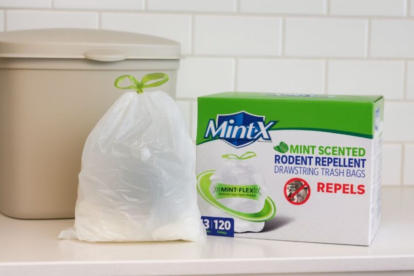 Mint-X 13-gallon drawstring bag and box next to a lidded kitchen trash can.
