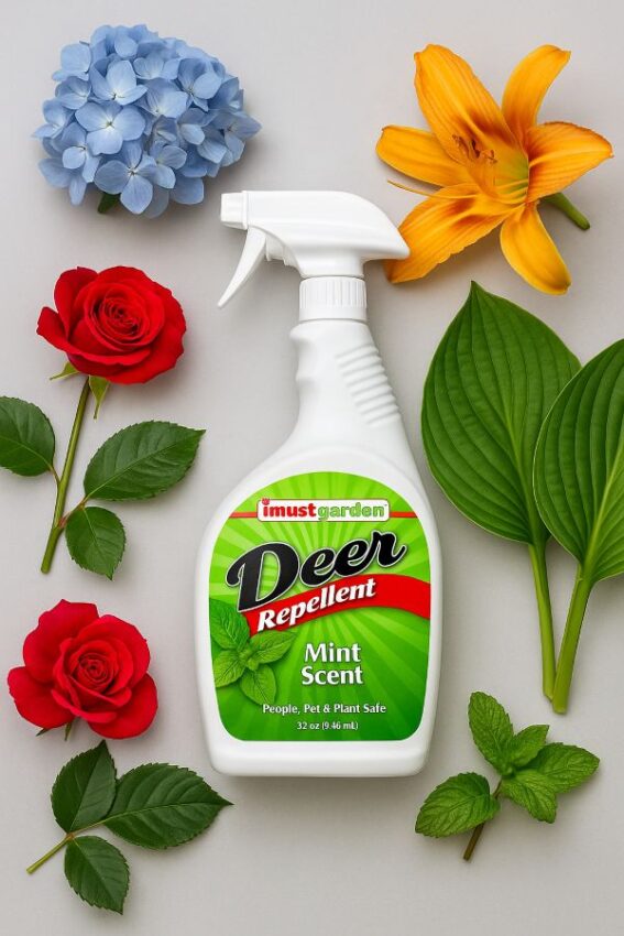 Mint-scent deer repellent bottle with roses, hydrangeas, hostas, and daylilies