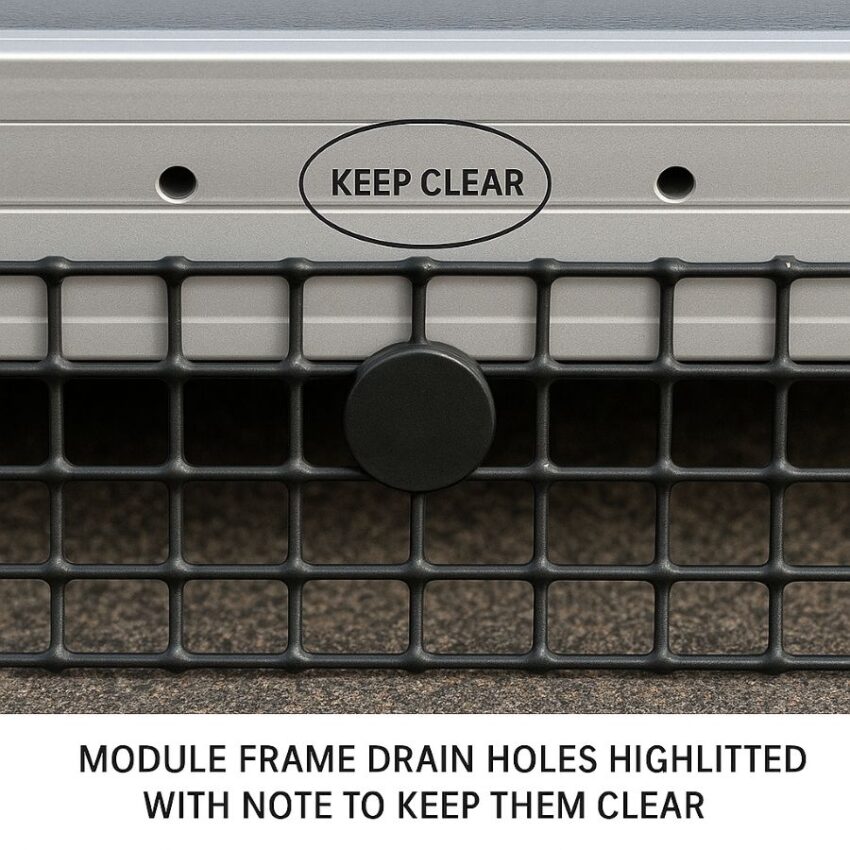Module frame drain holes highlighted with note to keep them clear