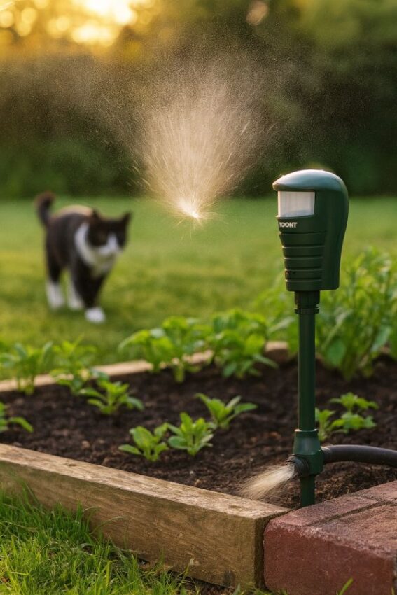 Motion-activated garden sprinkler releasing a quick water burst as a cat approaches a raised bed