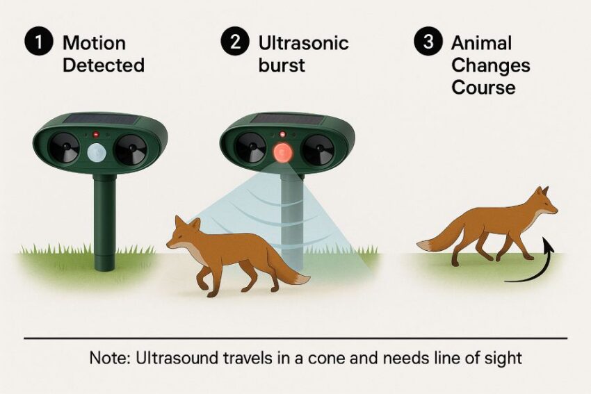 Motion sensor triggers ultrasonic sound and LED flash which startles approaching wildlife.”