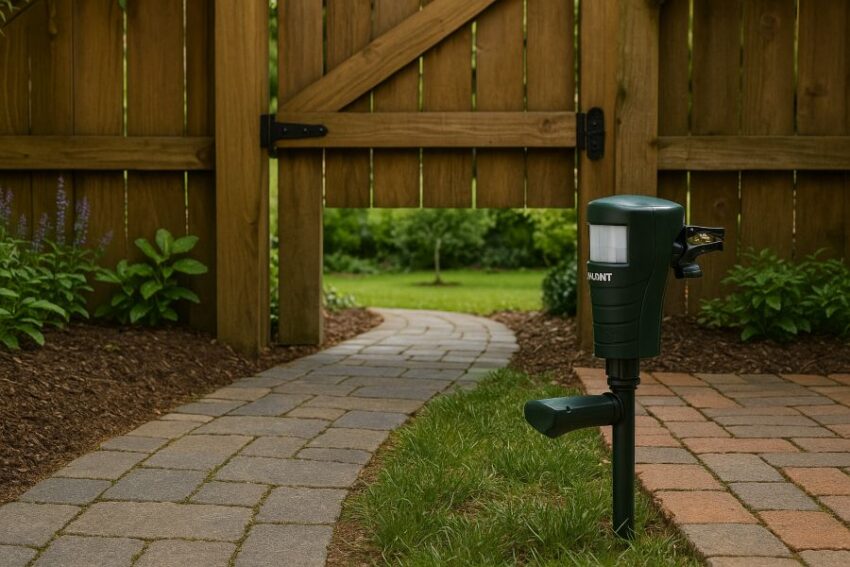 Motion sprinkler aimed across a garden entry path under a gate to intercept animals at the source