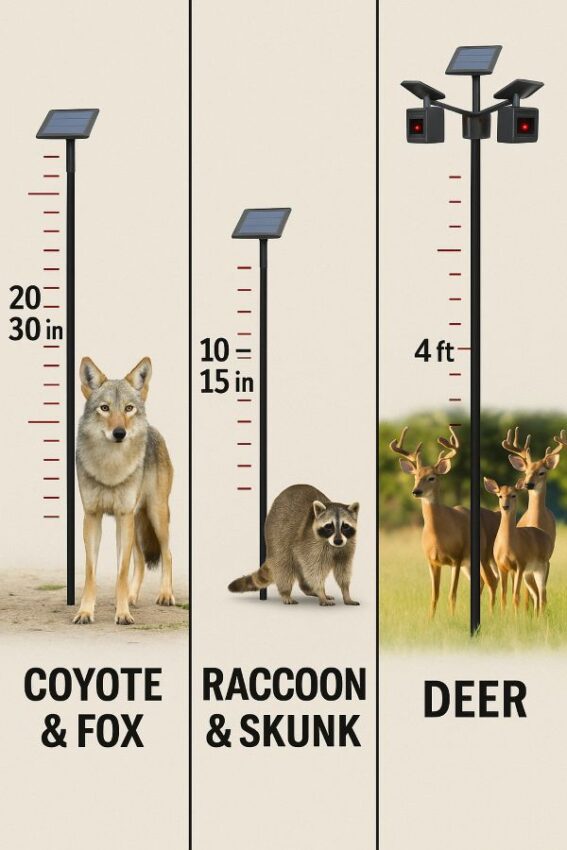 Mounting guide showing predator light heights for coyotes and foxes, lower for raccoons, and a four-light deer cluster at about four feet