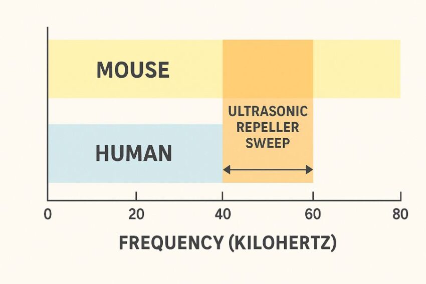 Mouse and human hearing ranges with ultrasonic repeller sweep highlighted around 32 to 62 kilohertz
