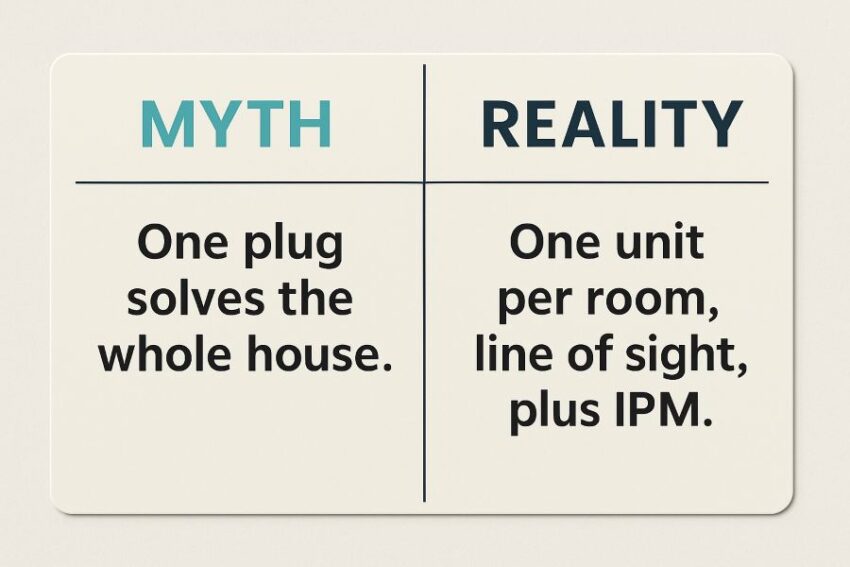 Myth versus reality card stressing one unit per room and IPM basics