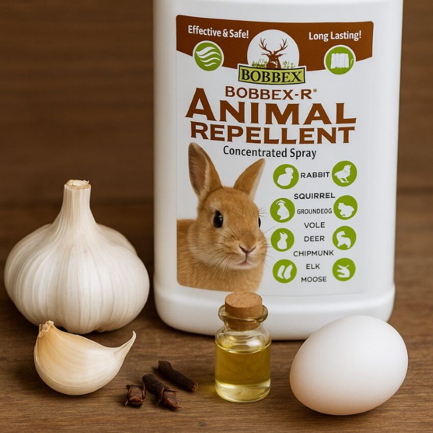 Natural scent and taste ingredients used in rabbit repellent concentrate, next to the Bobbex-R bottle