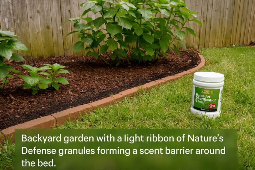 Backyard garden with a light ribbon of Nature’s Defense granules forming a scent barrier around the bed