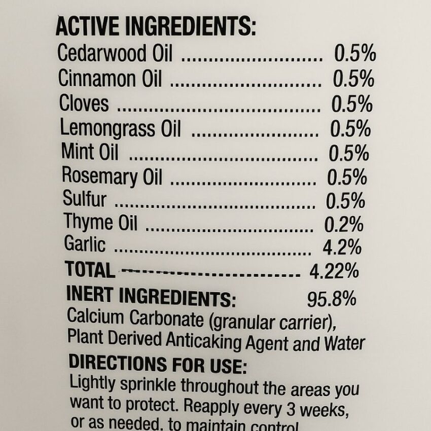 Nature’s Defense label showing plant-oil actives and ‘lightly sprinkle