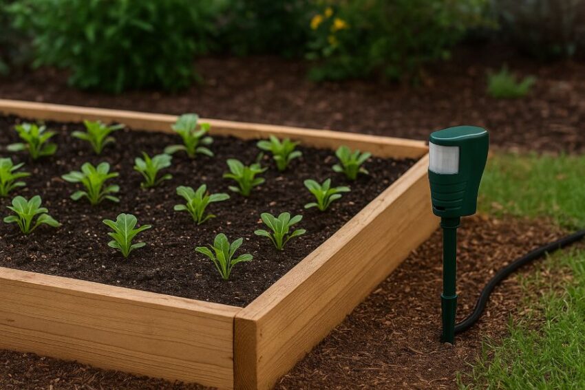 Neat vegetable bed with healthy seedlings and a discreet motion sprinkler guarding the border