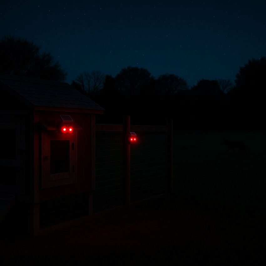 Night view of a secured coop with two predator lights facing outward toward a suspected coyote approach path