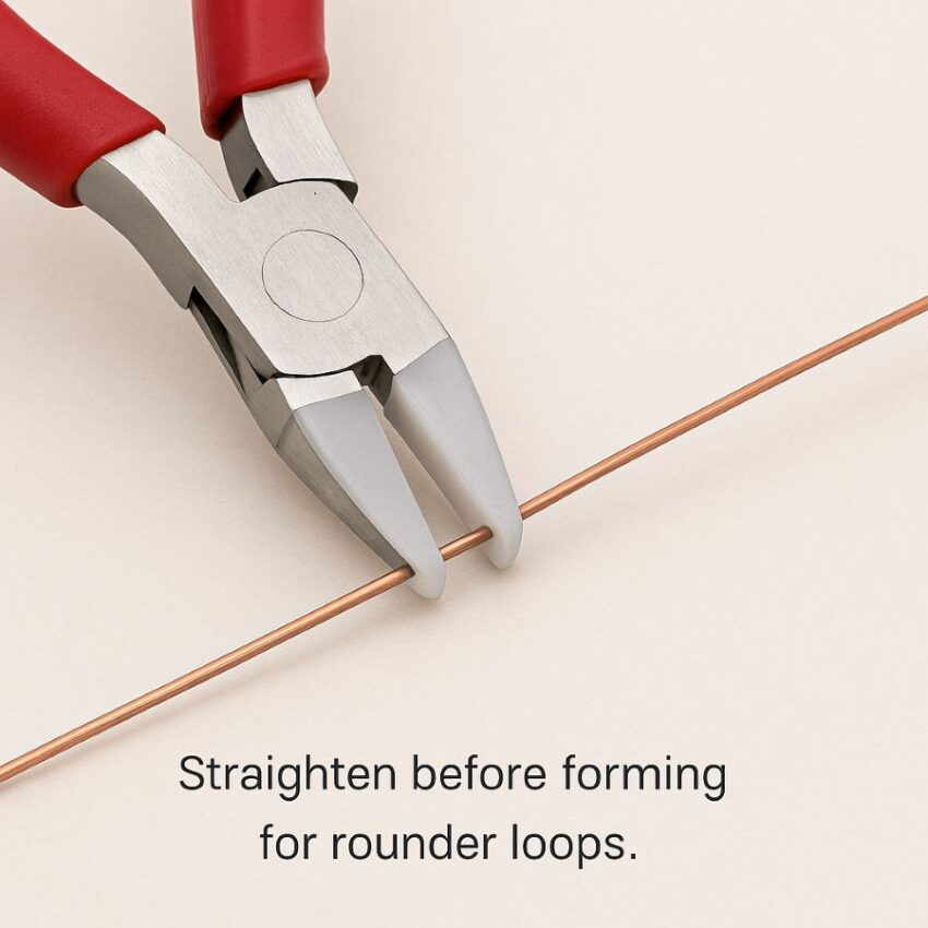 Nylon-jaw pliers smoothing color-coated wire to prevent scratches and improve loop symmetry
