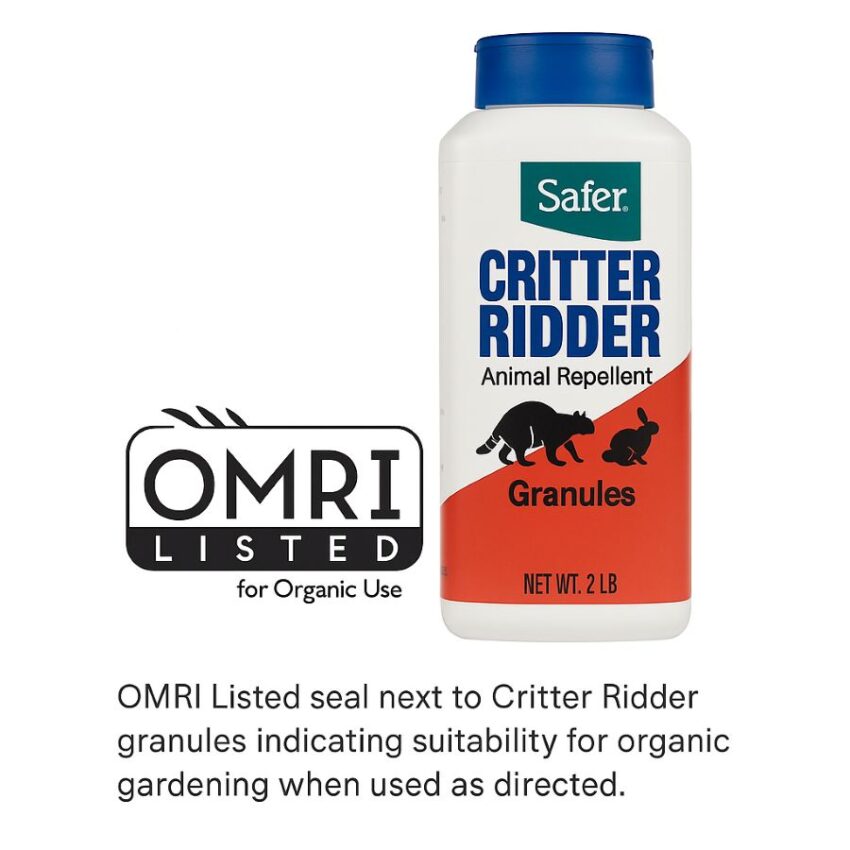 OMRI Listed seal next to Critter Ridder granules indicating suitability for organic gardening when used as directed