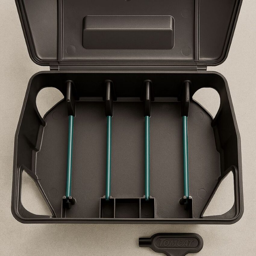 Open Tomcat Rodent Station showing four bait-securing rods and the included key