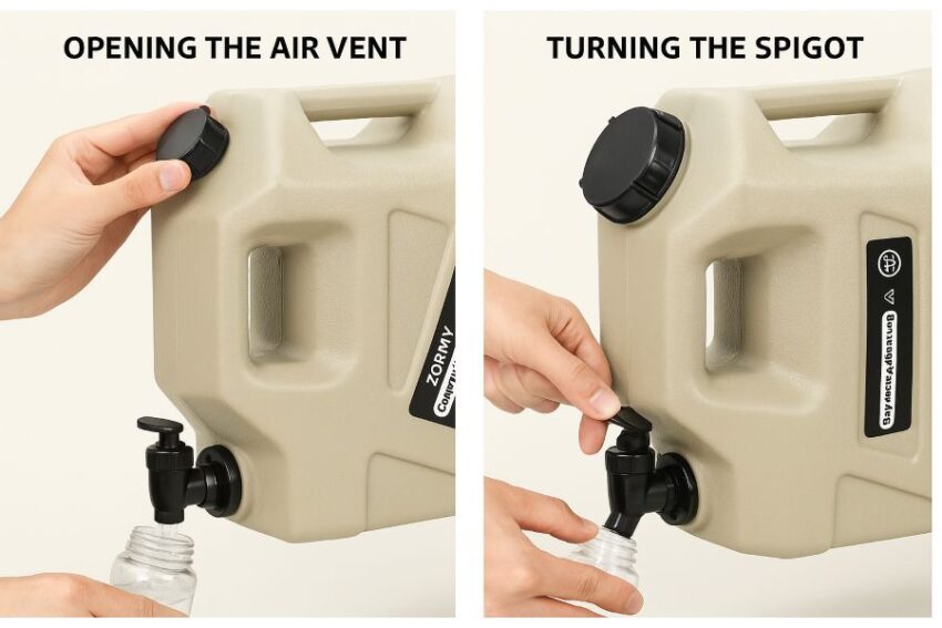 Opening the air vent and turning the spigot for smooth water flow from the ZORMY jug