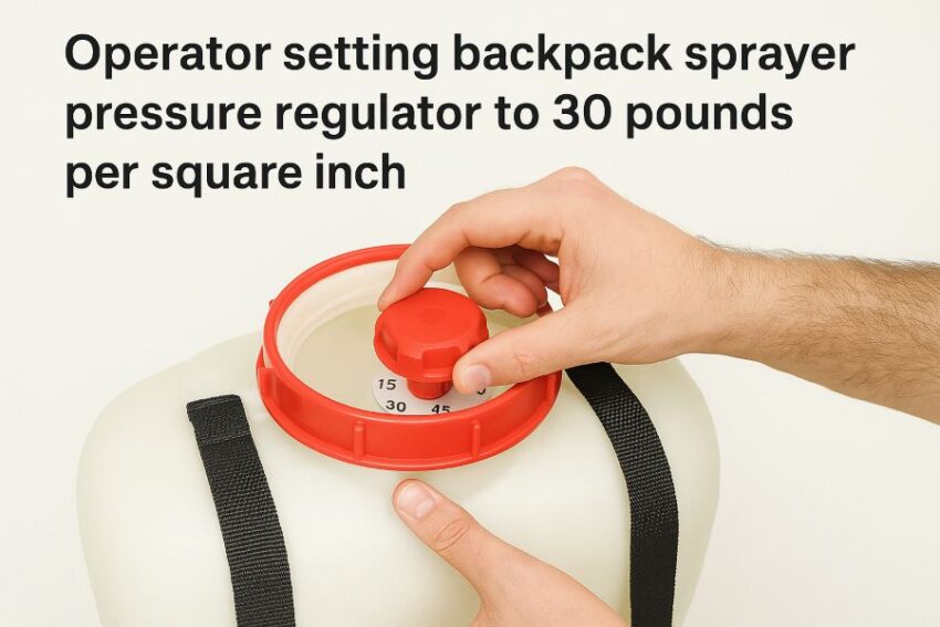 Operator setting backpack sprayer pressure regulator to 30 pounds per square inch