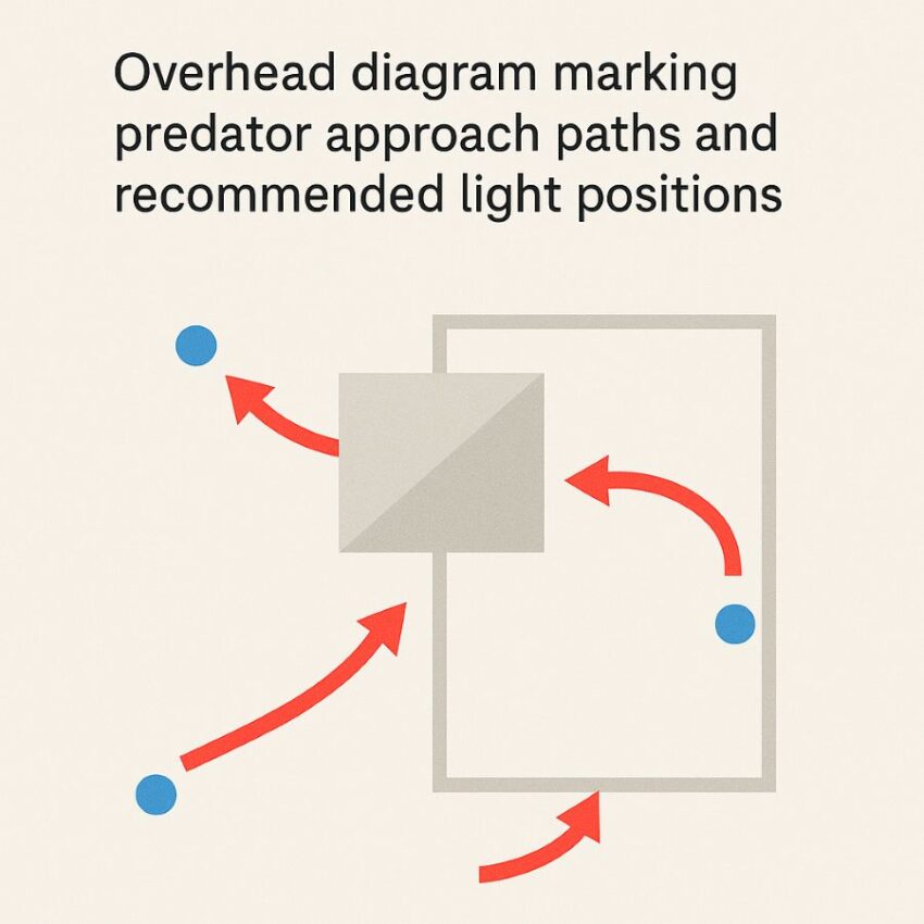 Overhead diagram marking predator approach paths and recommended light positions