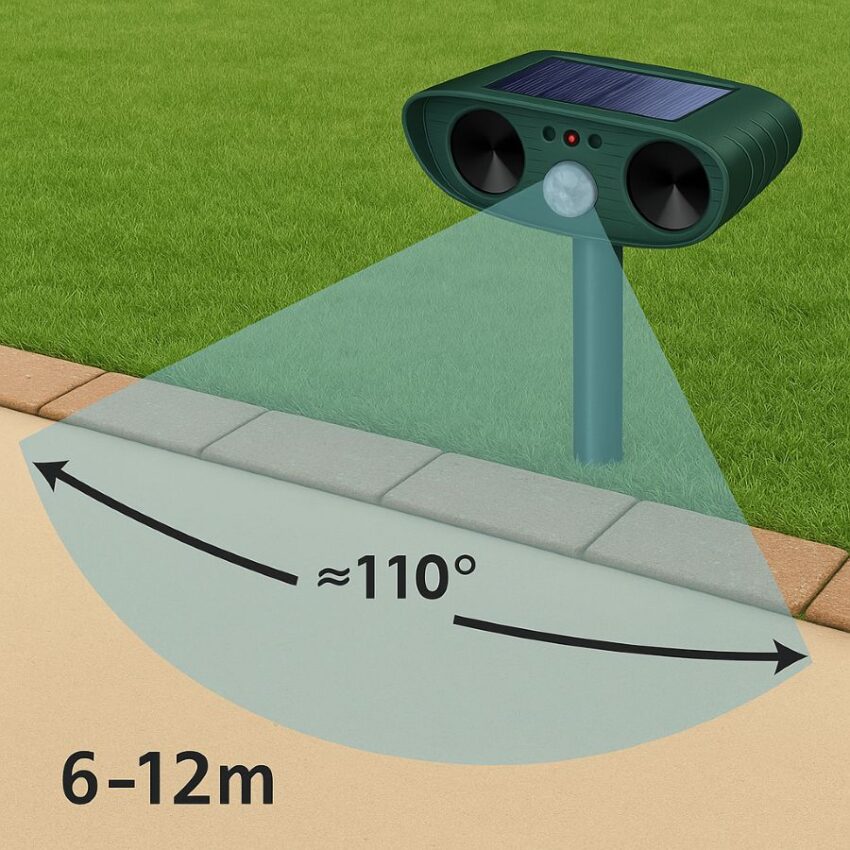 PIR motion sensor diagram showing ~110° fan and 6–12 m trigger distance across a path