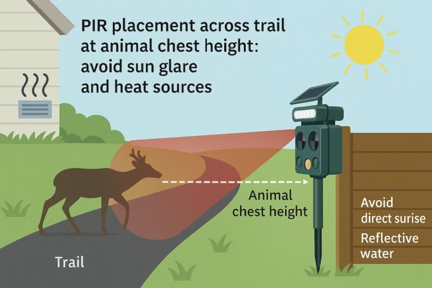 PIR placement across trail at animal chest height; avoid sun glare and heat sources