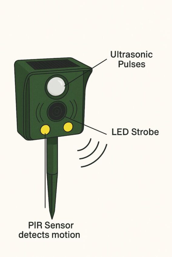 PIR sensor detects motion, then ultrasonic and LED deterrents activate