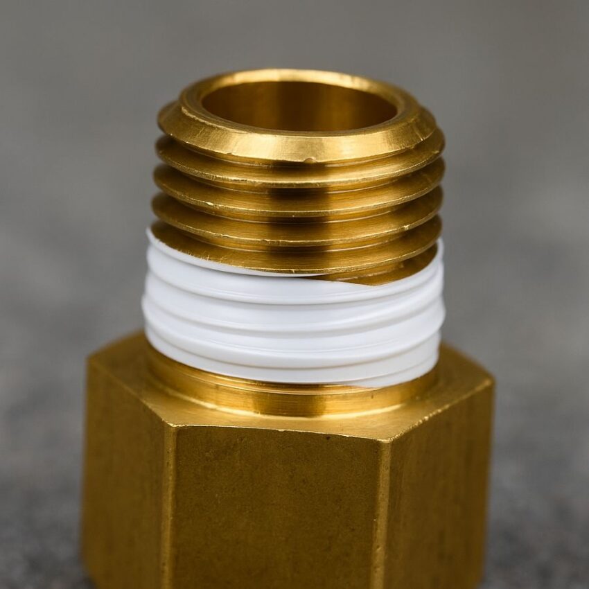 PTFE tape neatly wrapped on a 1/4 inch NPT male gauge thread in the clockwise direction