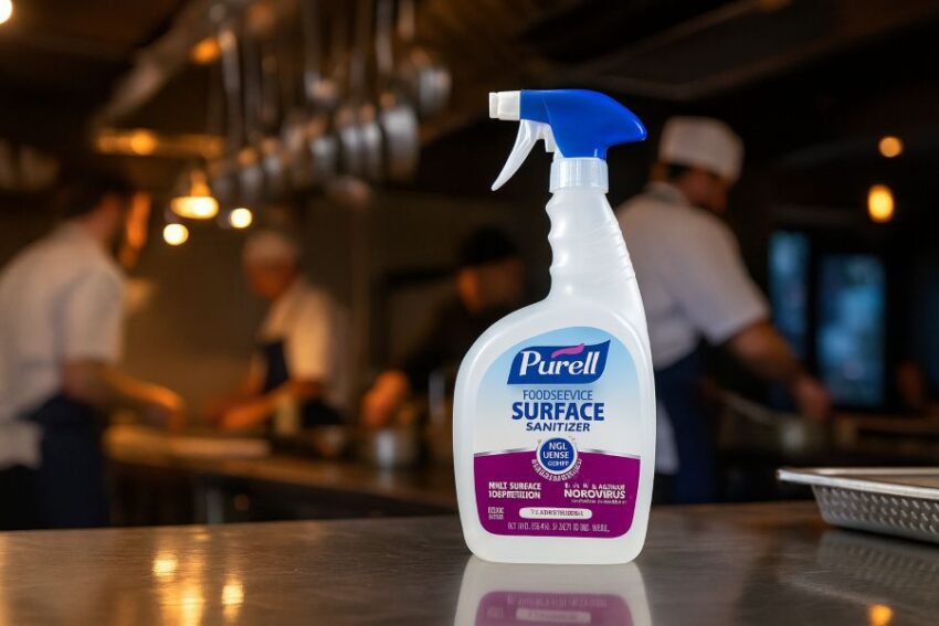 PURELL Foodservice Surface Sanitizer 32-oz trigger bottle on a stainless prep table during dinner rush.