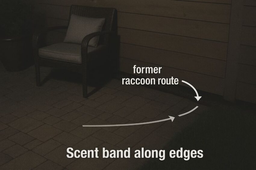 Patio scene with a scent band along edges and a raccoon route diverted away