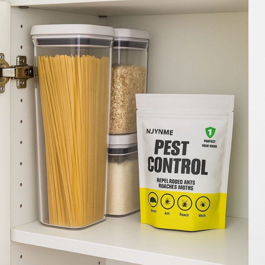 Peppermint pouch placed at the back of a cupboard away from food