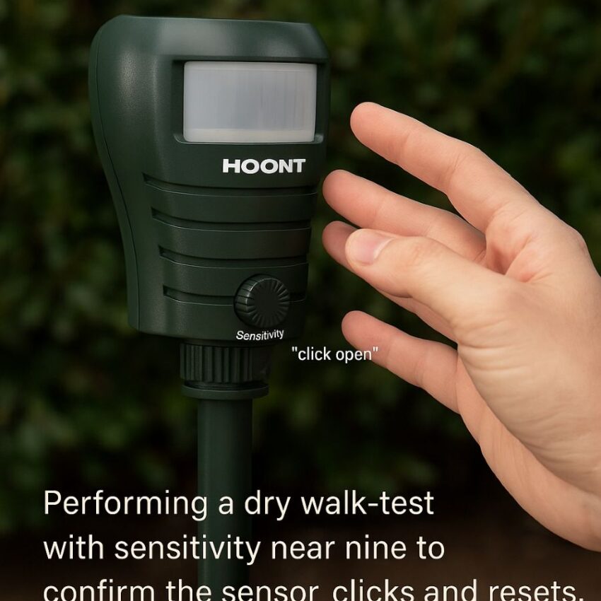 Performing a dry walk-test with sensitivity near nine to confirm the sensor clicks and resets