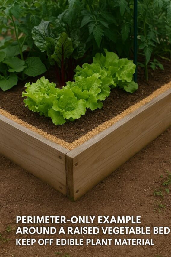 Perimeter band around a raised vegetable bed, no granules on edible plants