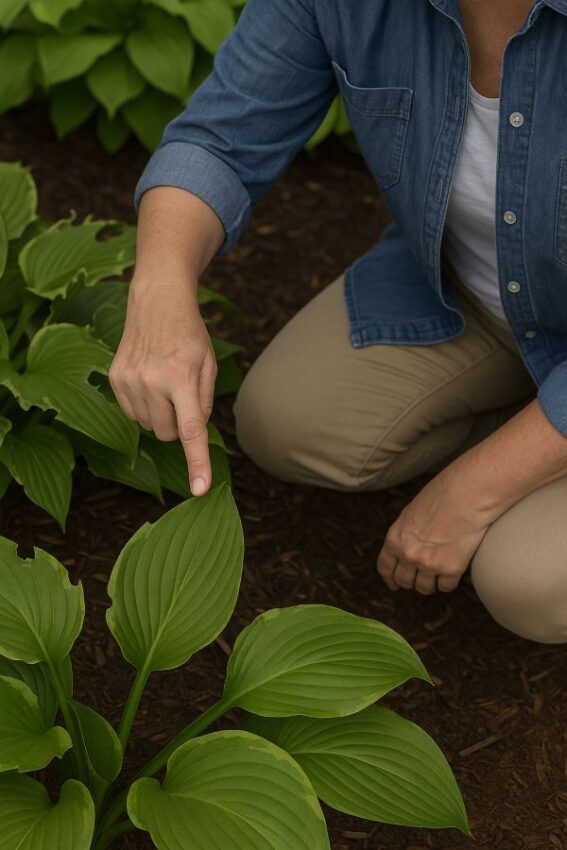 Person checking hosta leaves for deer bite damage before spraying