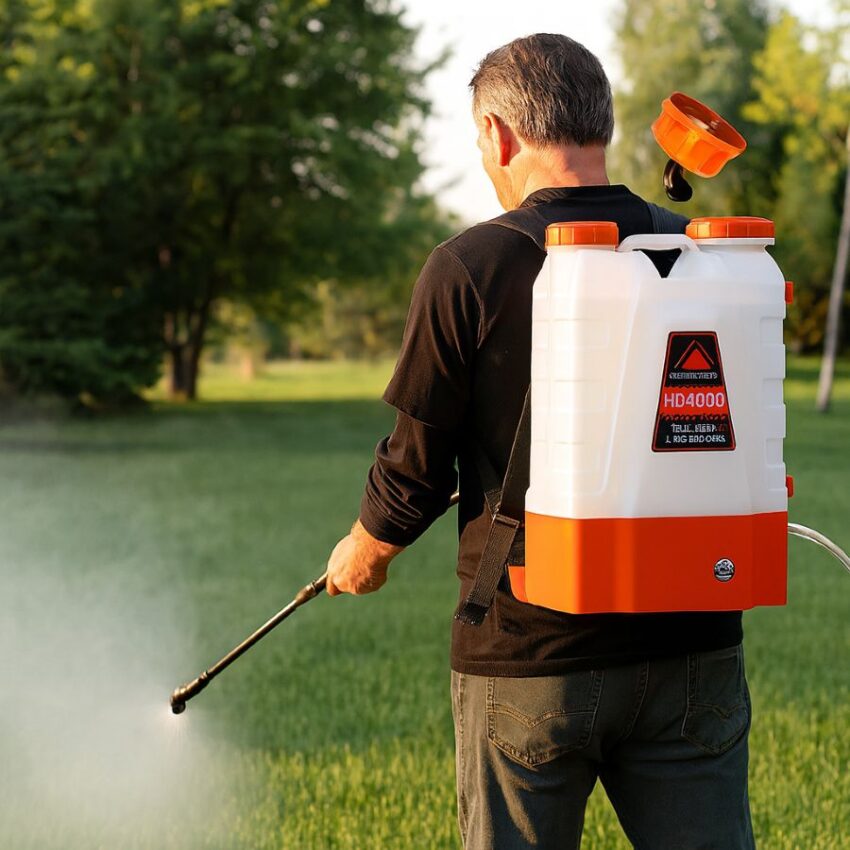 PetraTools HD4000 battery backpack sprayer applying even spray on a lawn