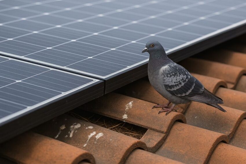 Pigeon sign and droppings at the gap beneath rooftop solar panels.