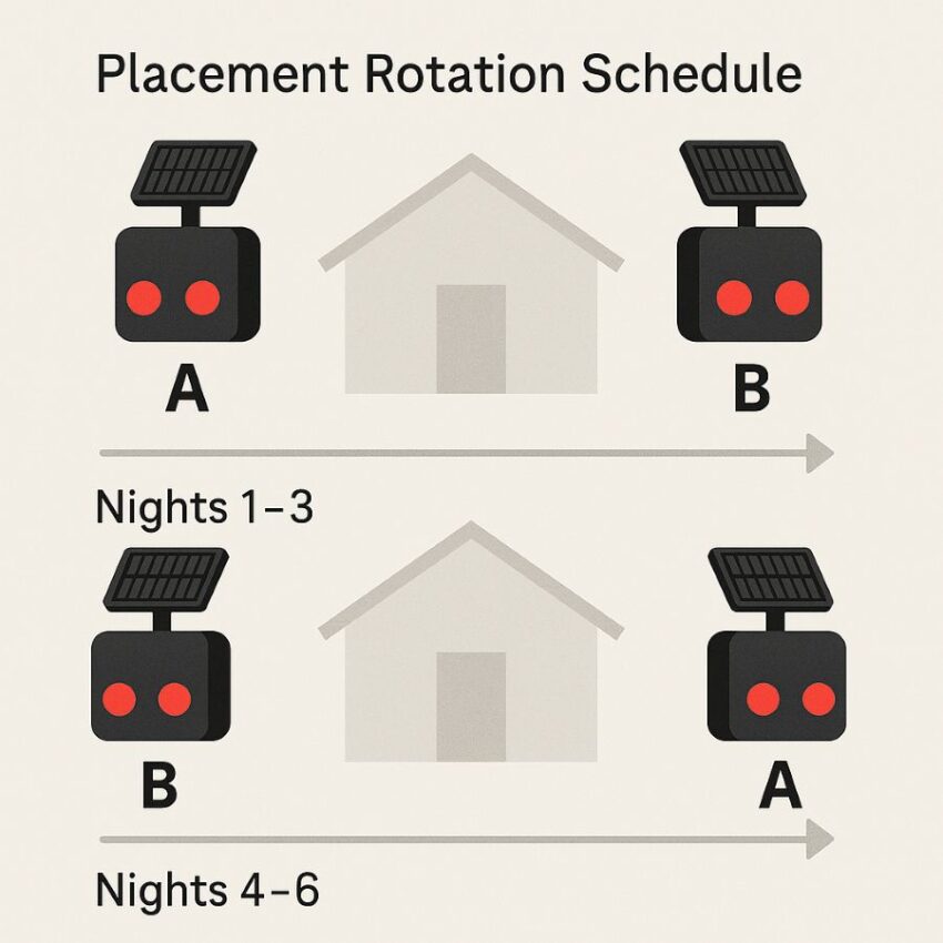 Placement rotation schedule showing two deterrent lights swapped every few nights to reduce habituation
